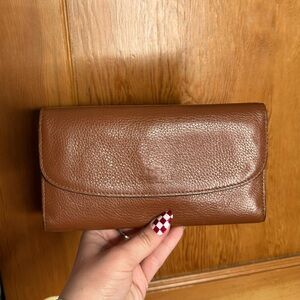 coach cognac brown leather trifold wallet